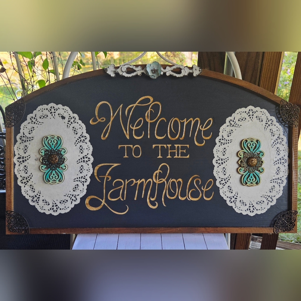 Handmade Farmhouse Welcome Sign with Bronze, Turquoise, and White Accents